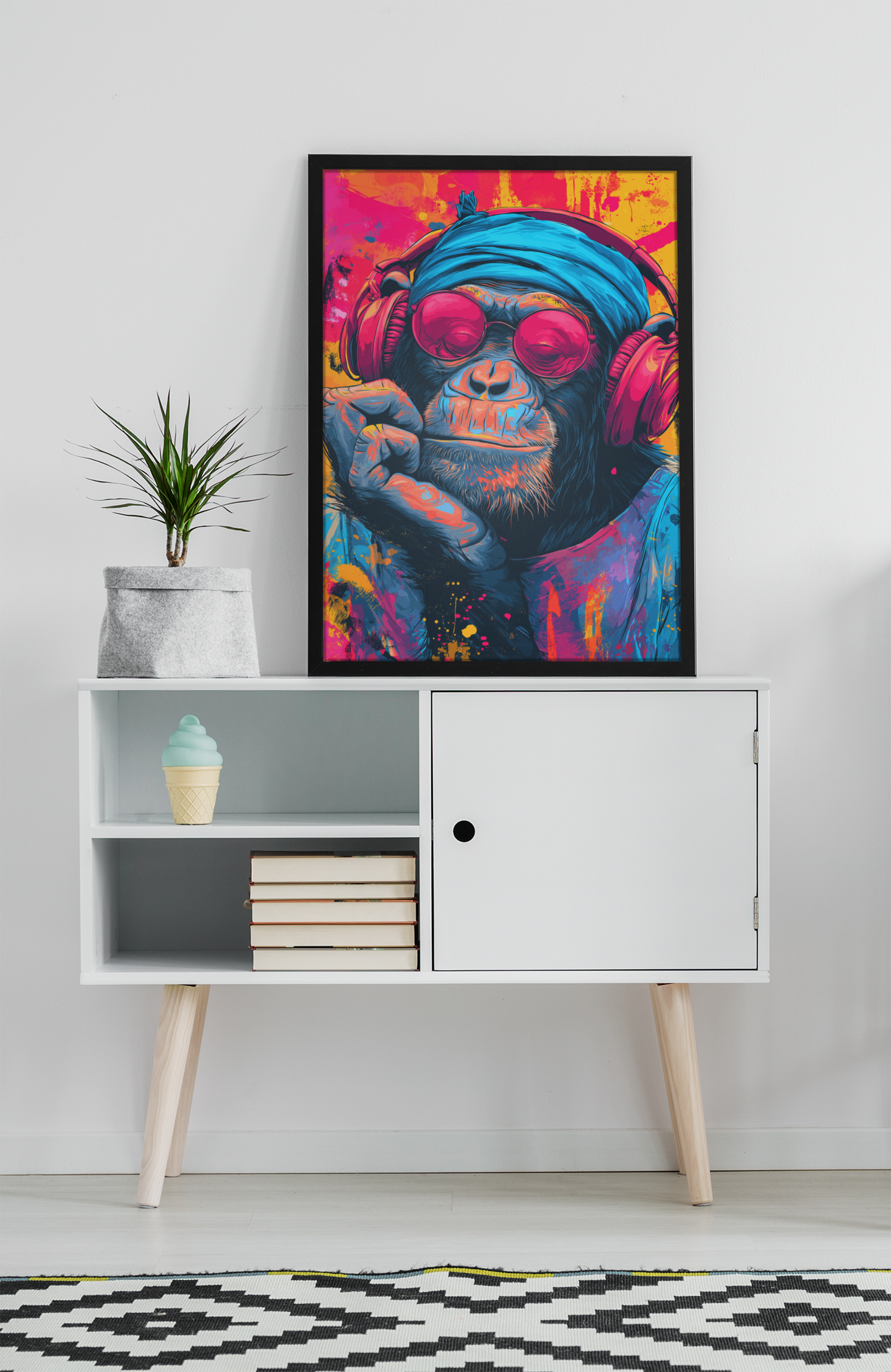 Funky Monkey with Headphones – Neon Street Art Canvas Print