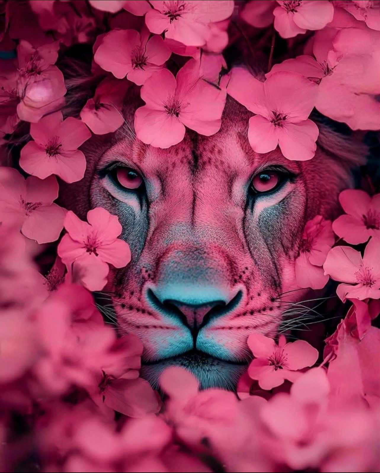 Pink Blossom Lion – Majestic Floral Canvas Print