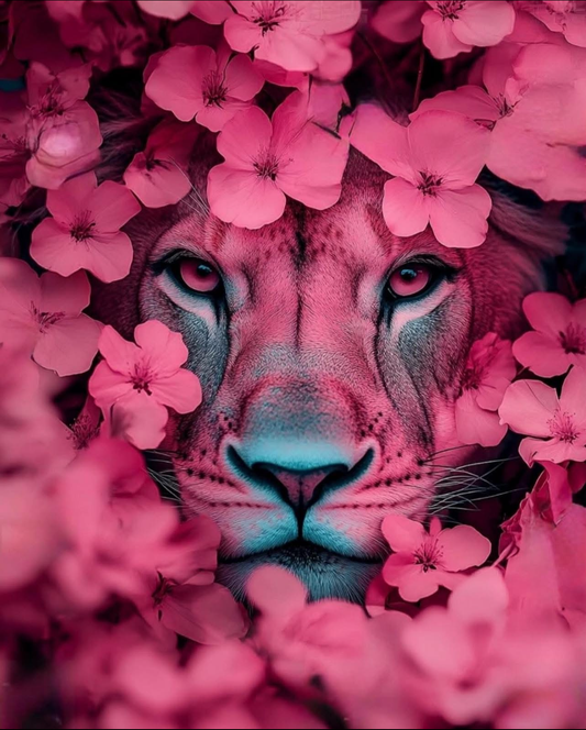 Pink Blossom Lion – Majestic Floral Canvas Print