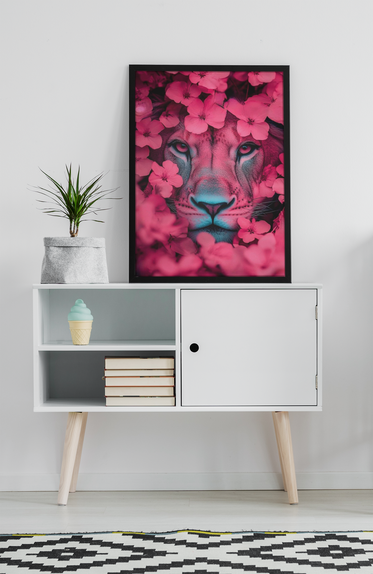 Pink Blossom Lion – Majestic Floral Canvas Print