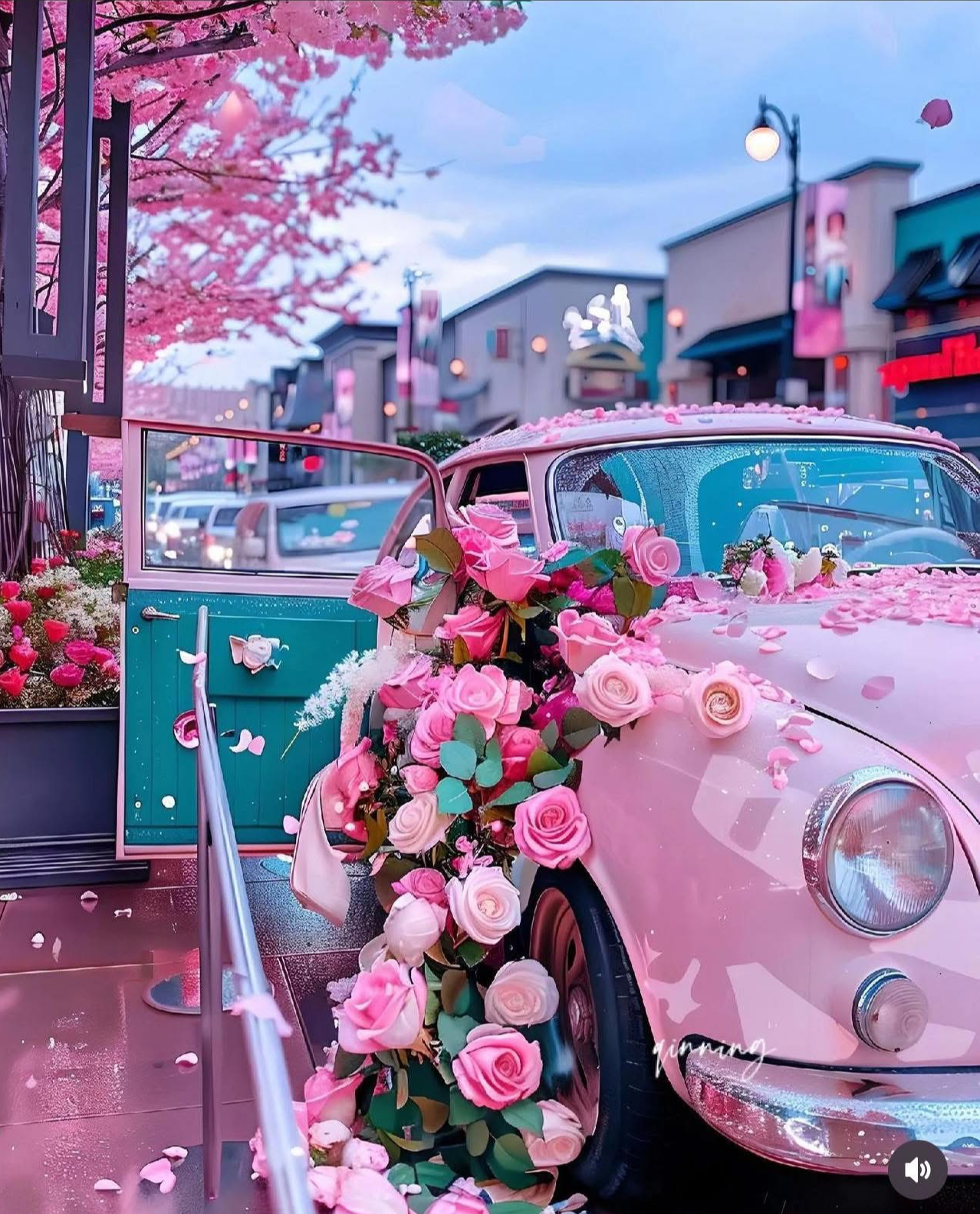 Vintage Pink Car & Roses – Romantic Street Canvas Print