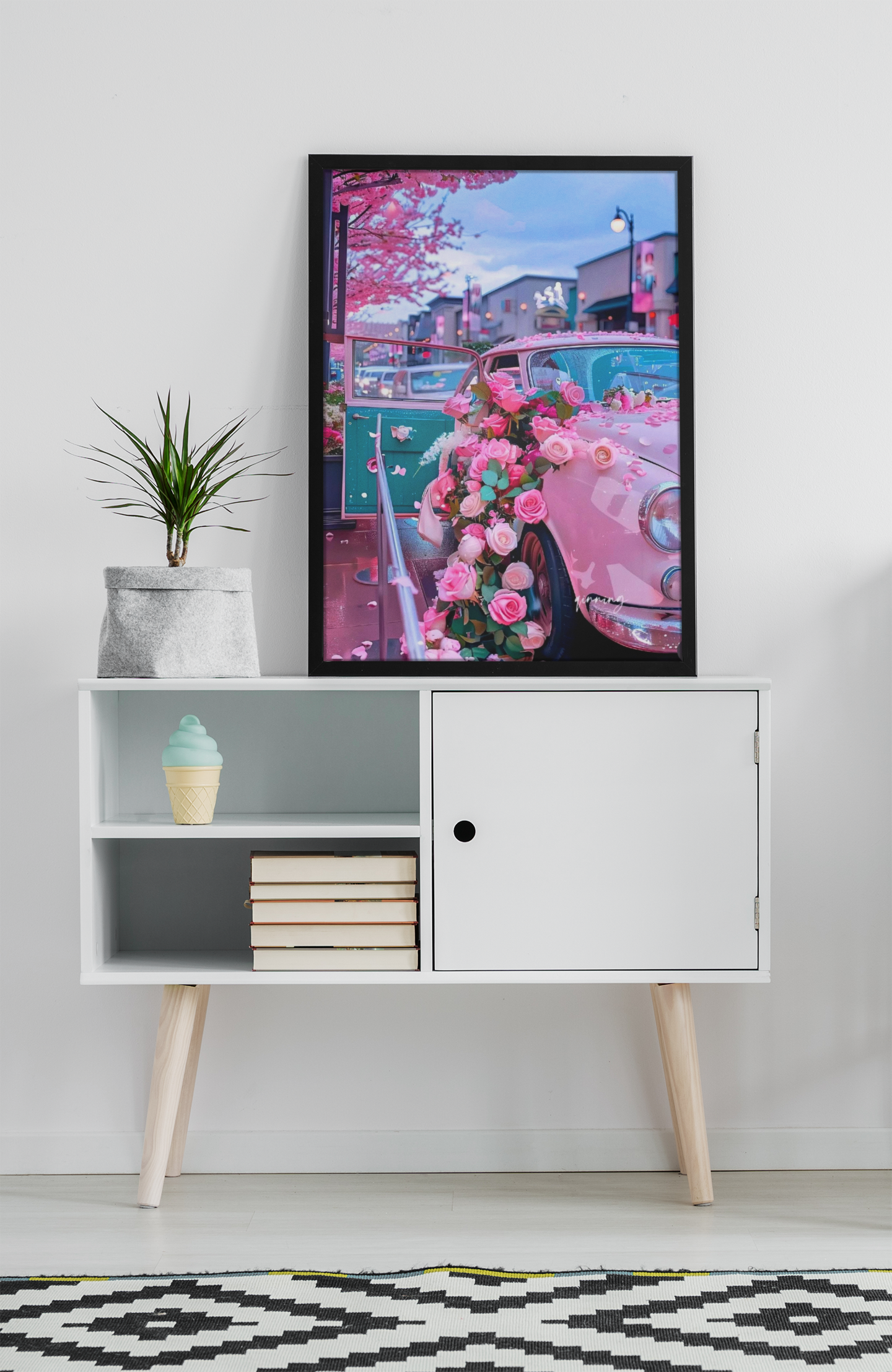 Vintage Pink Car & Roses – Romantic Street Canvas Print